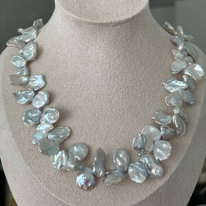 Natural silvery blue keshi pearl necklace